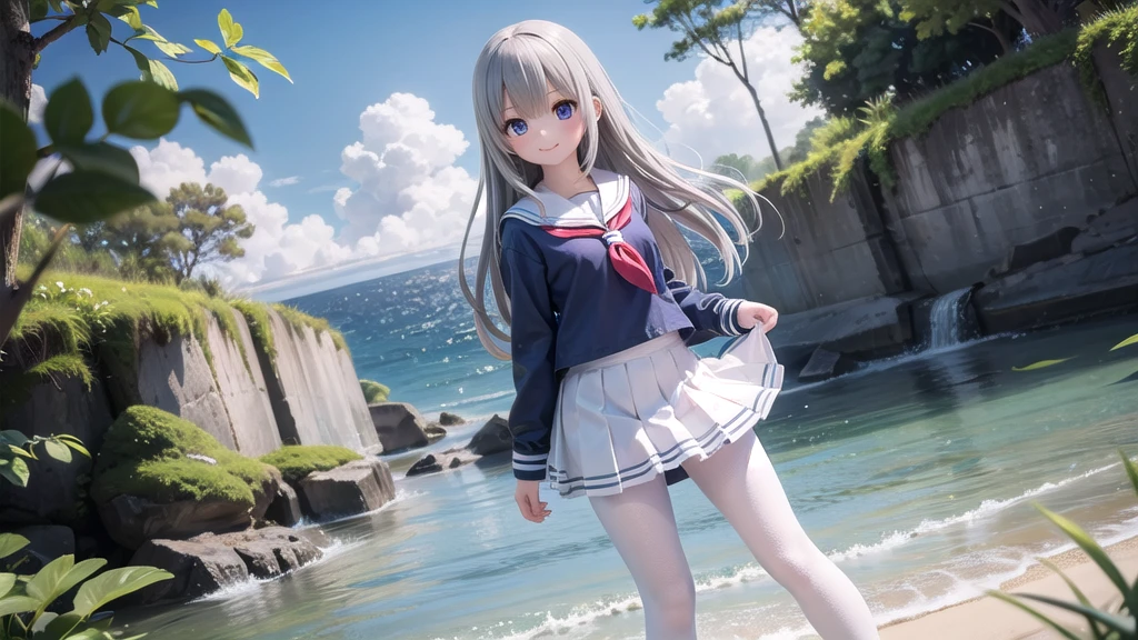 (masterpiece),  town,  blue sky,  One Girl, Place the person on the right,  smile,  alone,  Sailor suit、Long skirt,  Overgrown,  petal,  plant、Skirt lining、White slip、nostalgic、White Pantyhose、I can see the ocean in the distance, Crotch close-up