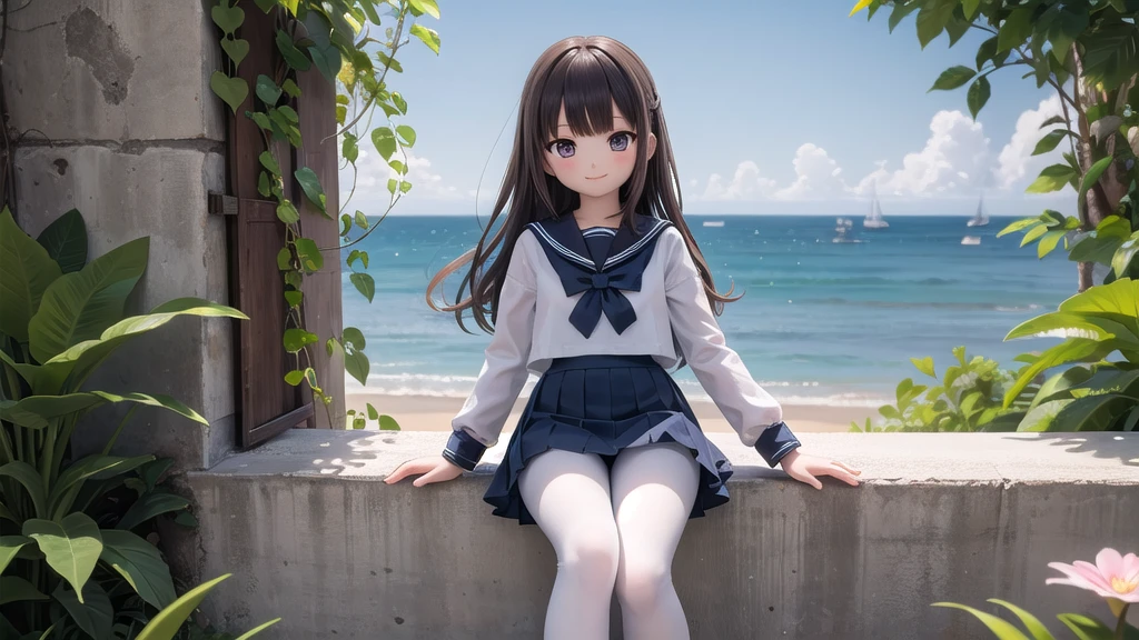 schoolgirl, Brown hair, Medium hair, Sailor suit, (Naked:1.1), Nipples (Blushing:1.0), Detailed face, Roadside, POV crouching,Expose the inside of your legs,Soaked clothes