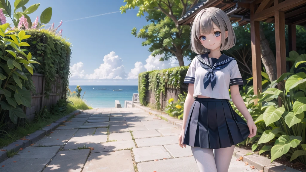 wallpaper, Clear face, (masterpiece),  town,  blue sky,  One Girl, Place the person on the right,  smile,  alone,  Sailor suit、Long skirt,  Overgrown,  petal,  plant、Skirt lining、White slip、nostalgic、Grey pantyhose、I can see the ocean in the distance, Crotch close-up