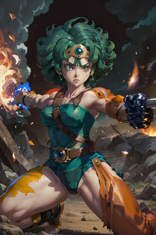 Anime Artwork Anime Artwork Masterpiece,most、high quality, Unreal Engine, Ultra-high resolution, Very detailed丸い胸, 1 person with medium chest,  Waist, thin,(Muscular:0.9)
 heroine, 
Circlet, Curly Hair, Green Hair, short hair, Asymmetrical clothing, leotard, belt, One-handed gloves, Single Sleeve, Single Thigh High Cave, Holding a sword, . Anime Style, Key Visual, Vibrant, Studio Anime,  Very detailed、　I'm running out of life. ragged equipment. kneel on one knee. be attacked by fire by the enemy.The leotard is torn to pieces.