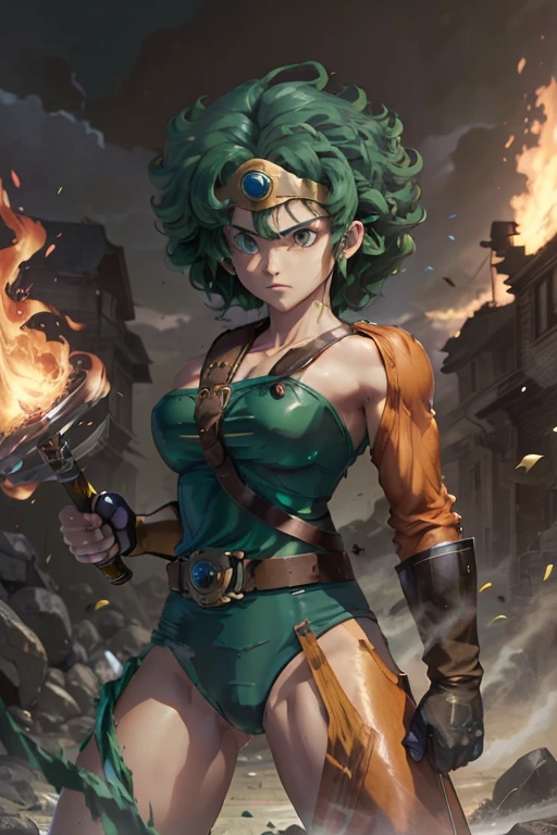Anime Artwork Anime Artwork Masterpiece,most、high quality, Unreal Engine, Ultra-high resolution, Very detailed丸い胸, 1 person with medium chest, Waist, thin,(Muscular:0.9)
heroine,
Circlet, Curly Hair, Green Hair, short hair, Asymmetrical clothing, leotard, belt, One-handed gloves, Single Sleeve, Single Thigh High Cave, Holding a sword, . Anime Style, Key Visual, Vibrant, Studio Anime, Very detailed、 I'm running out of life. ragged equipment. kneel on one knee. be attacked by fire by the enemy.The leotard is torn to pieces.