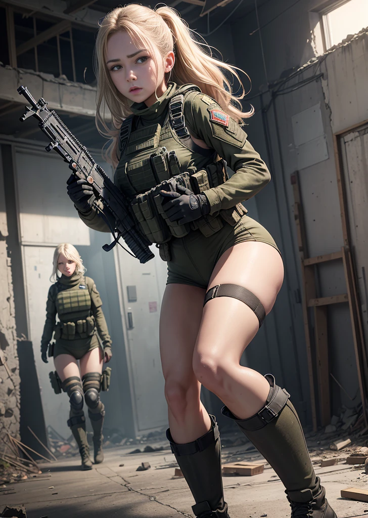 8k, Realistic photos, Realistic skin texture, Beautiful women serving in the RUS military、Inside a building strewn with rubble、get attacked、Resist and try to escape、Collapsed wall、Automatic rifle、Bulletproof vest、Back back、boots、Covered in scars、Stern expression、Dynamic pose、Innovative Configuration、Dust is flying
