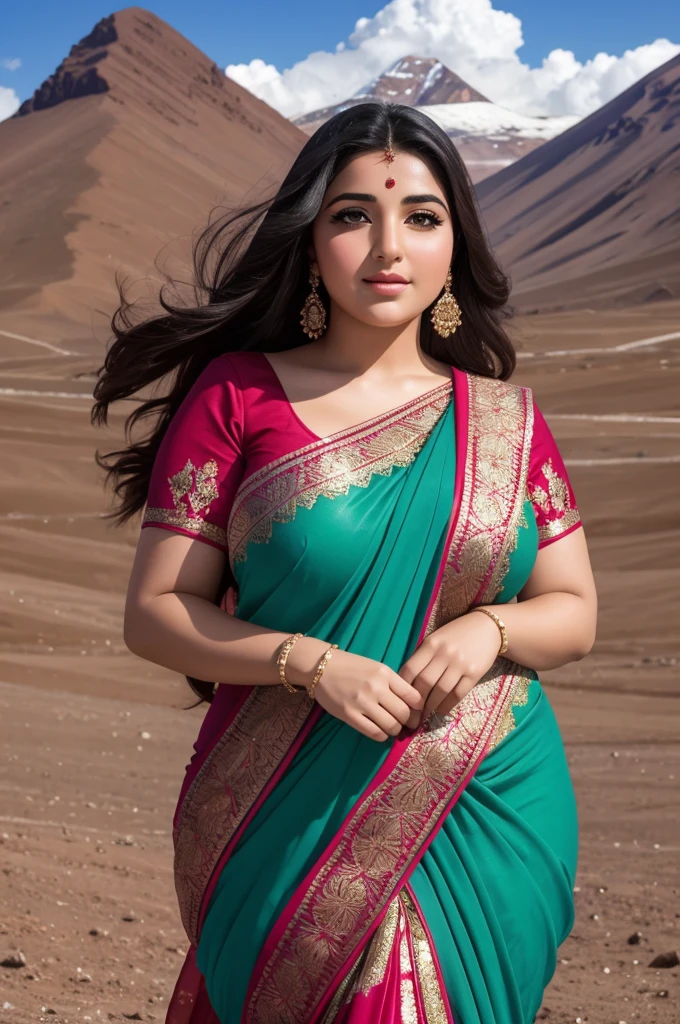 1 Heavenly beautiful and goddess beauty cute and sweet looking face Arabian woman in front of Denali mountain, Heavenly beautiful Overweight, Heavenly beautiful Extremely fat, Heavenly beautiful and attractive Chubby figure , Heavenly beautiful looking and eye catching luxury style saree , reaching out, Heavenly beautiful Arabian woman, 16k, High resolution, masterpiece, highest quality, fine skin, close up figure view, Realistic Photograph