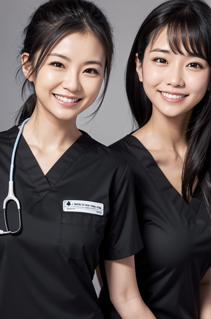 Dental hygienist, 2 women Side by side, smiling, wearing all black medical scrubs All black, short sleeves, cute, Japanese, black hair, female, early 20s Upper body close-up high resolution Highest quality Don't put your face too close.々 male1name