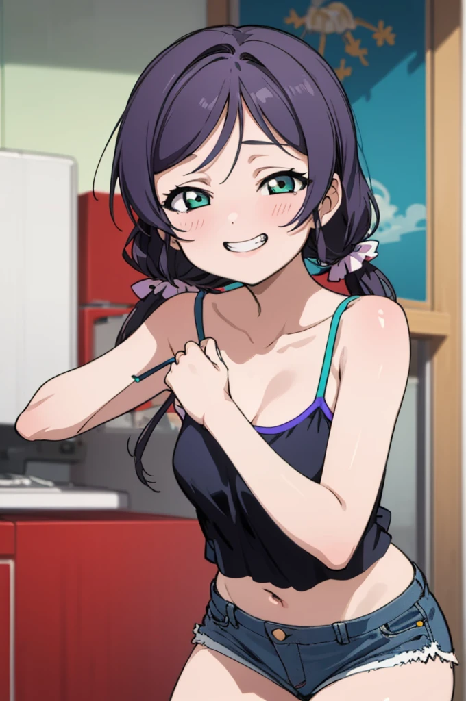 (masterpiece, best quality), 1girl, nozomi toujou,,,(petite),medium breasts,,,camisole,denim shorts,looking viewer,grin