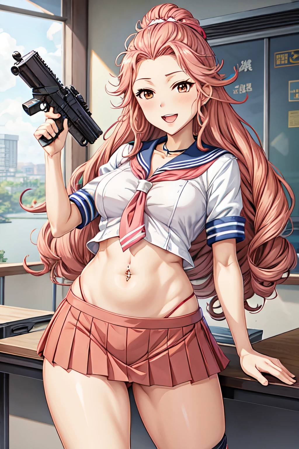 hamakawa_ayuna, 1woman solo、、おでこ、curlhair、ピンクhair、blush, lipstick, masterpiece, best quality, highly detailed, a anime girls in sailor uniforms with a gun posing for a picture,
evil smile, smile, open mouth,black_serafuku, ecchi anime style, anime girls , (nsfw) not safe for work,
ecchi style, ecchi, shipgirls, digital anime art!!, high school girls, holding a gun, hold a gun, anime style 4
k, micro skirt, exposed belly, exposed navel, exposed midriff,
exposed lower belly,school, classroom, navel piercing