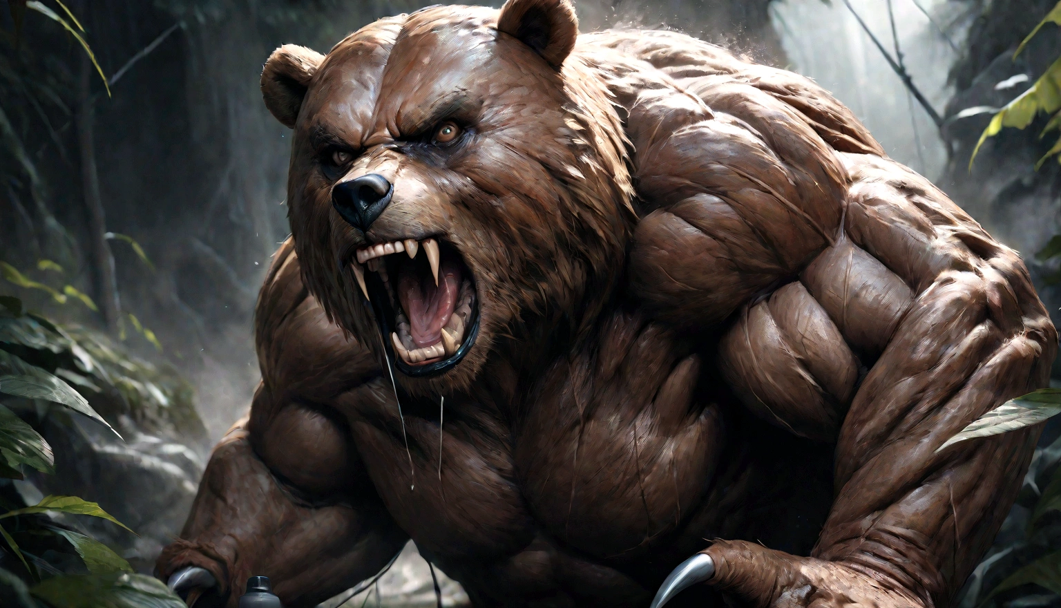 Create a 3D stylized illustration for 'Terron,' a bear-like creature embodying the earth element, in a powerful stomping pose. The art style should reflect the rugged, modern aesthetic of the SOLMON logo, with bold lines and earthy tones. Use a rich color palette with glowing green accents to emphasize Terron's connection to the earth, incorporating cracks and rubble around its feet as it prepares to launch a seismic stomp. The background should feature minimalistic digital earth and cosmic elements, maintaining a clean yet powerful composition that captures both the strength and resilience of the character.