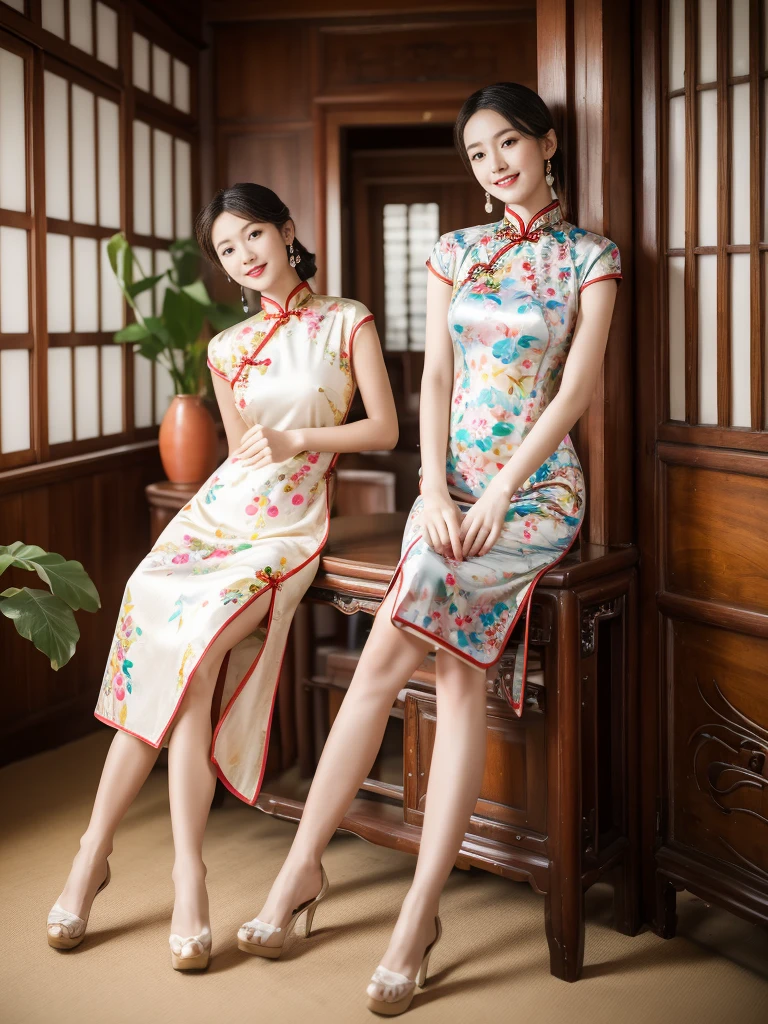 light, Ray Tracing, Film Grain, Depth of Field, Ultra HD, masterpiece, best quality, Super Detail, The award-winning, high resolution, High Detail, Real human skin, Natural skin texture, 1 Girl, A woman，Oval face, cheongsam, whole body,Big breasts,indoor, (((Show your thighs))), Bare thighs, Beautiful legs, ((Chest)), Full figure, whole body, kiss, ((Colorful Chinese Clothing)), sit在地上, Smile, High heel, (sit:1.3), Chinese furniture, vase, Sense of space, Face lighting, Depth of Field, Natural light, Flowers, plant, Art Deco Design,Correct human body structure，Five fingers，Correct leg structure