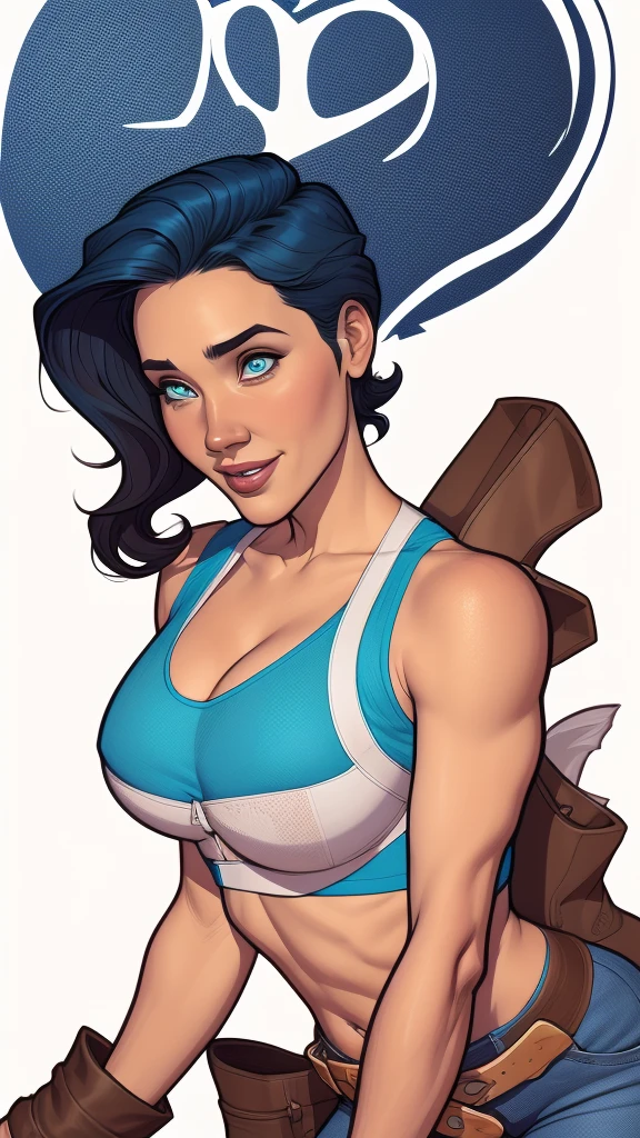 cartoon style:1.2), Brazilian cartoon image of a woman , sensual clothes , super cute girl, authoritarian would be facial expressioncartoon style illustration, Cartoon art style, Cartoon art style, digital illustration style, highly detailed character design, cute detailed digital art, City fan art, Portrait Character Design, beautiful digital illustration, high-quality portrait, comic book art, Character design portrait, white background Buso without clothes and medium breasts, beautiful and symmetrical body curvesJennifer Connelly , , white bra, green vest, sleeveless, へそ, blue jeans, Brown boots, gloves fingerless, short gloves, slightly-smile, shorth hair, wavy hair, parted bangs, blue colored eyes, wart under the right eye, old american west, sunny desert background, waist belt, best qualityer, Obra de arte Jennifer Connelly