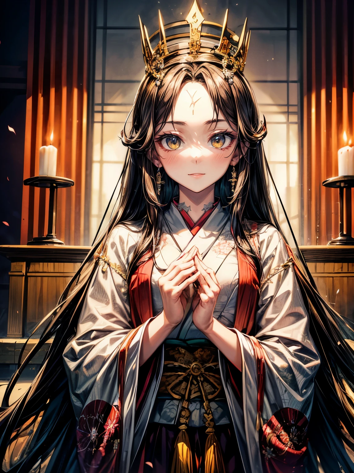 Himiko, ancient Japan, queen, shaman,((Forehead hai)),,long black hair, deep brown eyes, sumptuous attire, crown, sacred altar,regal expression,Stand up,Smile,yellow eyes