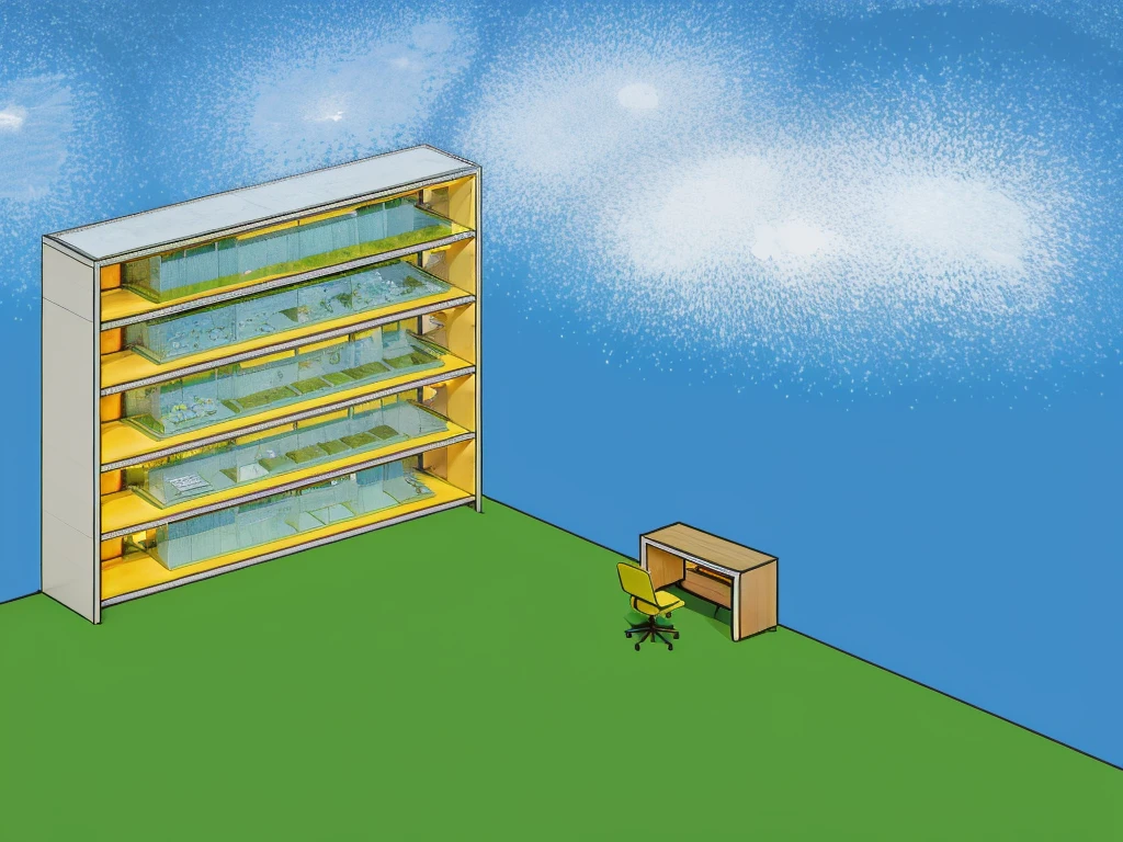 (masterpiece),(best quality:1.5), (ultra highres:1.5),Cuboid building、Bright night sky、Lawn chair and desk、5 floors、A building with only glass on the front and concrete on the rest、A giant sits on a building、People in the building々is coming and going、There are tables, offices, chairs, etc. inside the building.々The furniture is arranged、Shining stars and moon in the sky、People in a building through glass々is visible through