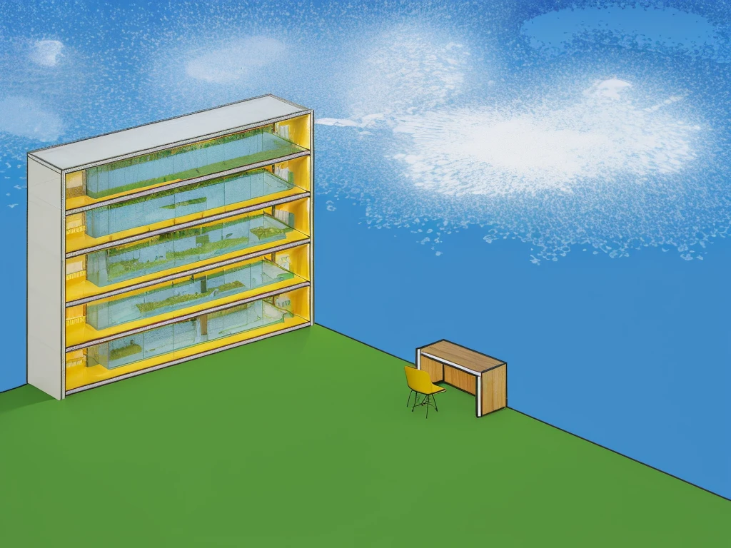 (masterpiece),(best quality:1.5), (ultra highres:1.5),Cuboid building、Bright night sky、Lawn chair and desk、5 floors、A building with only glass on the front and concrete on the rest、A giant sits on a building、People in the building々is coming and going、There are tables, offices, chairs, etc. inside the building.々The furniture is arranged、Shining stars and moon in the sky、People in a building through glass々is visible through