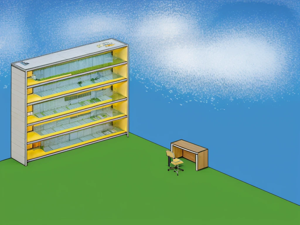 (masterpiece),(best quality:1.5), (ultra highres:1.5),Cuboid building、Bright night sky、Lawn chair and desk、5 floors、A building with only glass on the front and concrete on the rest、A giant sits on a building、People in the building々is coming and going、There are tables, offices, chairs, etc. inside the building.々The furniture is arranged、Shining stars and moon in the sky、People in a building through glass々is visible through