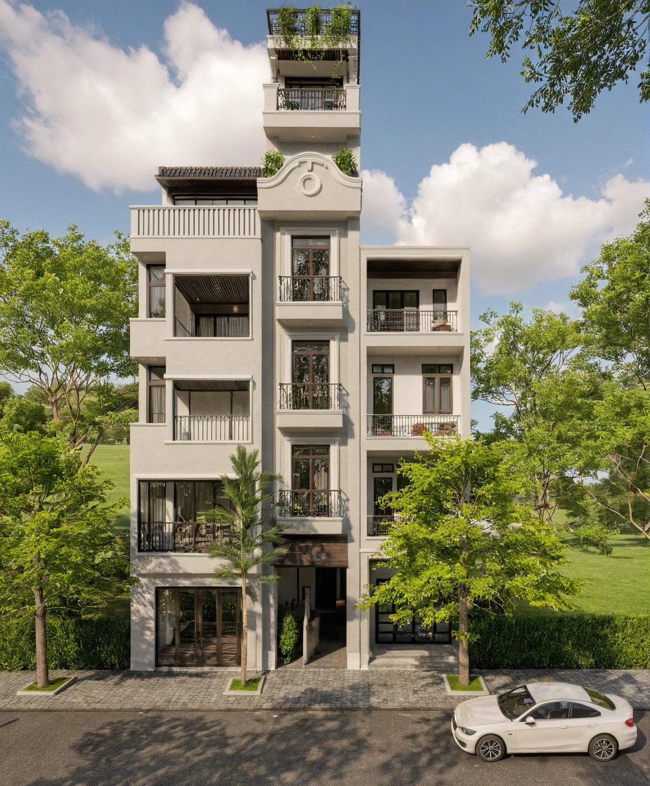 Raw photo,Masterpiece, high quality, best quality, authentic, super detail,
exterior, outdoors, house style indochine on the street ,aiaigroup
road,pavement, grass, trees, sky, cloud, (day:1.1)
