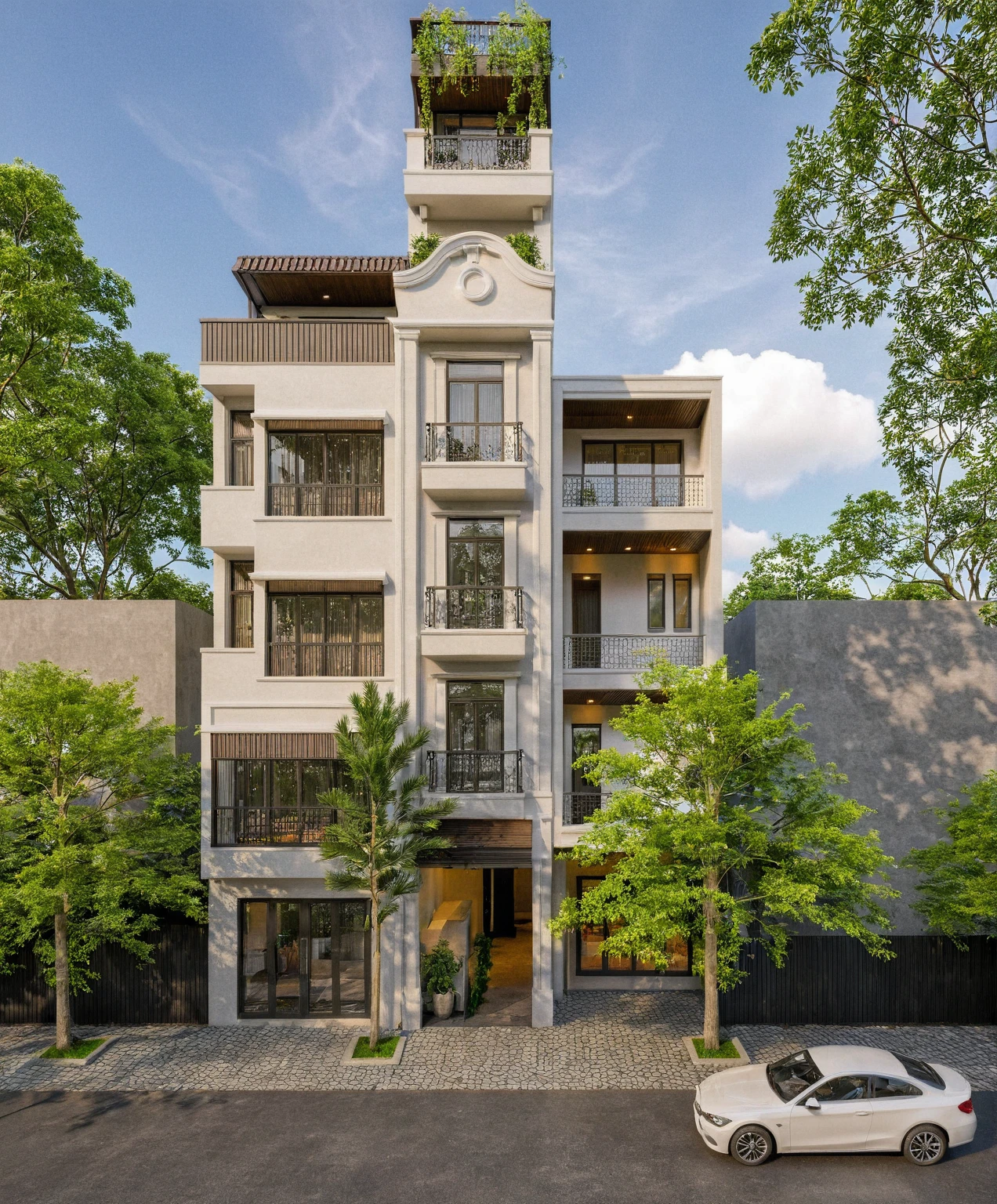 Raw photo,Masterpiece, high quality, best quality, authentic, super detail,
exterior, outdoors, house style indochine on the street ,aiaigroup
road,pavement, grass, trees, sky, cloud, (day:1.1)