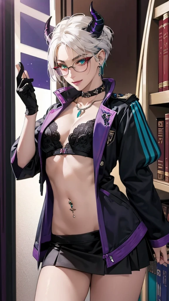 8k, masterpiece, best quality, highly detailed, 1 girl, tiefling, warlock, multicolored hair, very short straight hair green highlight hair on white hair, strippled hair, wearing glasses, round glasses, earrings, red eyeshadow, long eyelashes,navel piercing, blushed cheek, necklace, collarbone, high heels, mole, glamorous, purple and teal clothing, villainy, smirk, seductive face, fullbody view, rings, looking at viewer, standing, demon horns, solo, hand touching cheek, library, black lace gloves, holding book, miniskirt.