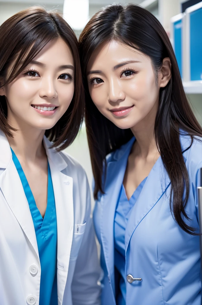 Male dentist and female dental hygienist 2people A good business partner 日本people Wearing a lab coat Wearing medical scrubs Upper body close-up high resolution high resolution Highest quality Look straight ahead Handsome Men and Beautiful Women