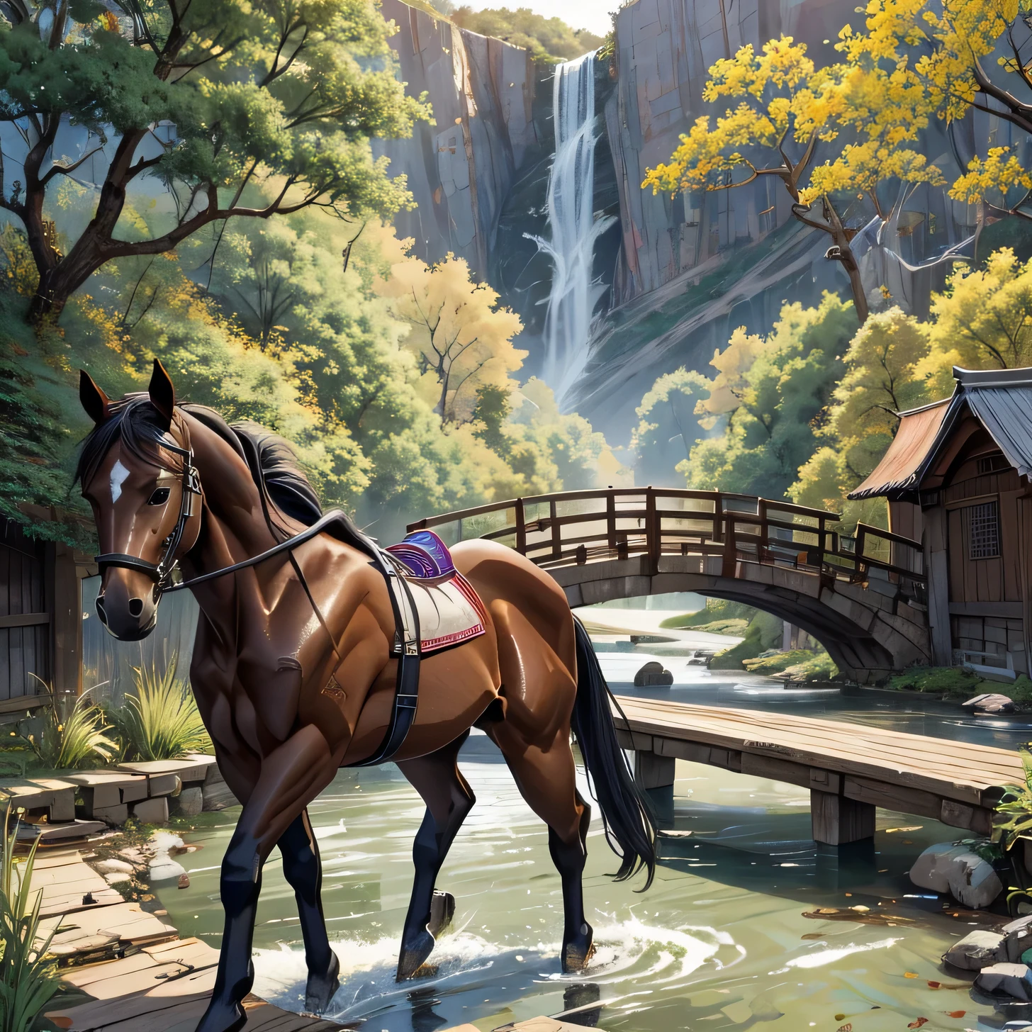 Masterpiece, high quality, high resolution,8k, Chinese painting ,, Withered vines, aged ((trees)), darkness ((Crows)) free graznando,, ((a small bridge)), flowing water, (((a humble home))),  (A horse:1.6),, To the west the cold wind blows ((an old road)),, As the sun sets, My heart aches with lonely anger.,, 