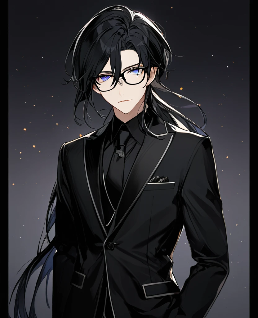 (black_hair), (dark_black_eyes), (vertical_slit_pupils), (detailed_eyes), (attractive), (emotionless), (void_space_background), (male), (wearing _a_black_suit), (long_male_hair), (detailed_Hair), (detailed), (detailed_mouth), (wears_glasses) 