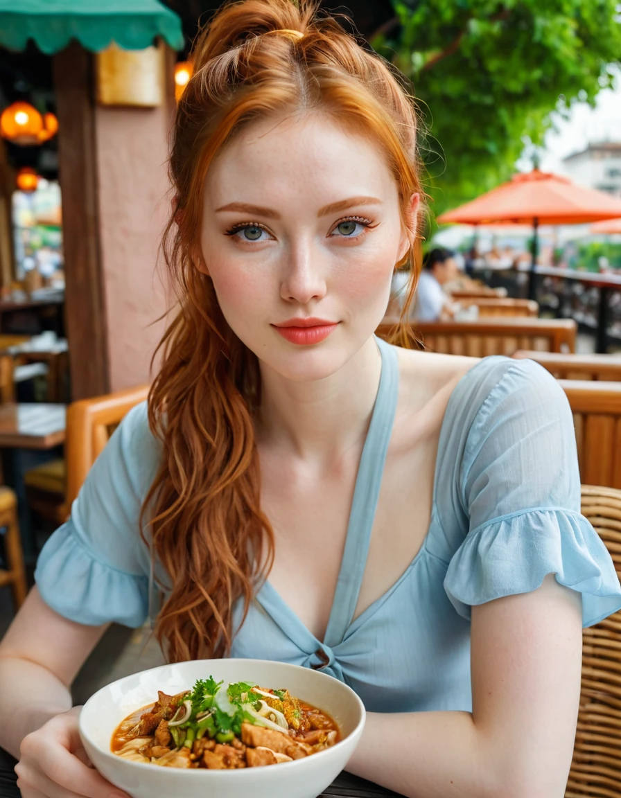 photography full body portrait of very beautiful realistic girl, sit in outdoor restaurant, eating Chinese food, porcelain skin, very fair skin, very pale skin, redhead, wavy, ponytail, detail skin texture, hazel eyes, slanted eyes, small nose, small nostril, think curved eyebrow, thick bottom lip, seductive gaze, happy face, unique face, wear casual dress, detail photo, realistic photo, master piece picture, sharp picture, outdoor clear daylight

