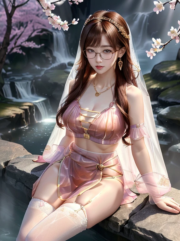 A Chinese female student, waterfall hot spring background at night, (8K Ultra HD, Digital SLR Camera, Soft Light, high quality, Volumetric Lighting, frank, photo, high resolution, 4K, 8K, Bokeh), (Create stunning images of real girls, warm light, Dynamic poses, Elegant Posture, Cowboy lens, Full body front view, Looks confident from the front, Body front facing the camera, Standing posture facing the camera, Open your legs slightly, Golden Ratio Graphics, Minimalism), (Rich details on the eyes and face, Show a charming smile, Willow Leaf Eyebrows, big eyes, Apricot eye prick, Cherry Blossom, mouth close, Balanced Eyes, Oval face, Pretty Face, Normal facial features, Skin is transparent and visible, Fine-skinned tender meat, cosmetic, (Red glasses), earrings, Bracelet, necklace, Jewelry, veil, Hair accessories), (Brown hair color, Waist-length hair, Messy Hairstyle, Gradient hairstyles, Cyberpunk hairstyle), (Transparent clothes:1.5, Pink clothes, Thin clothes, Transparent mesh clothes, Transparent clothes, Shiny bikini underwear), (Sexy, Perfect breast shape, Teardrop chest shape, Snow-white breasts, very detailed breasts, 34E cup,Small waist), (Super high waist clothes, Waist hollow, Levain), (Black socks, Transparent knee socks, 吊garter, Leg ring, garter, 腿部garter)