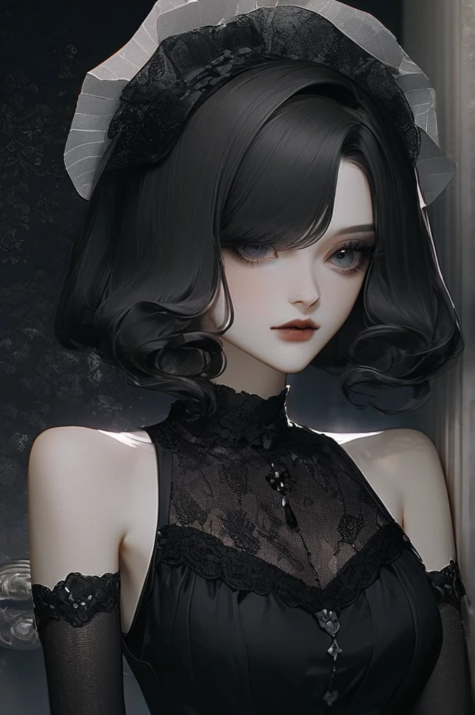 ((Лучшее качество)), ((шедевр)), (подробный), a girl in black lingerie with black hair