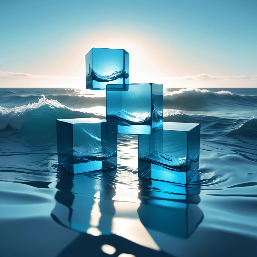 A silhouette of three cubes stacked randomly、Soft body line、Faint Lines、High contrast、Rendered in glowing blue and light blue duotone style、Expressing beauty to the fullest、Gives off a delicate glow、Inorganic、Softness、BREAK 、Ocean waves in a cube、splash、Expressing dynamism