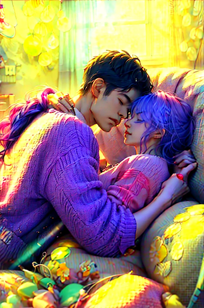 A cozy big bed，A blue-haired man and a pink-haired woman sleep together face to face。Fine style illustration，The light and shadow are warm and the atmosphere is sweet，Modern City，Scene Indoor，Light tones, blue and violet, Dreamlike scene, Warm and bright colors