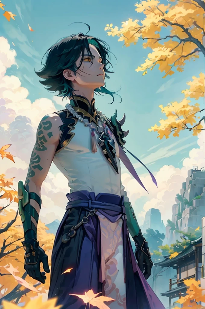 1 adult male solo,xiao \(genshin impact\), 1boy, male focus, short dark teal hair, yellow eyes, white sleeveless shirt, necklace, green tattoo on arm, detached white sleeve, black gloves, wide blue pants, black boots, pink and purple clothes details, black shoulder armor with spikes, outside, chinese mountains, yellow autumn trees, tree leaf falling, windy weather, dramatic light, movie poster style, cinematic shot, book cover, epic