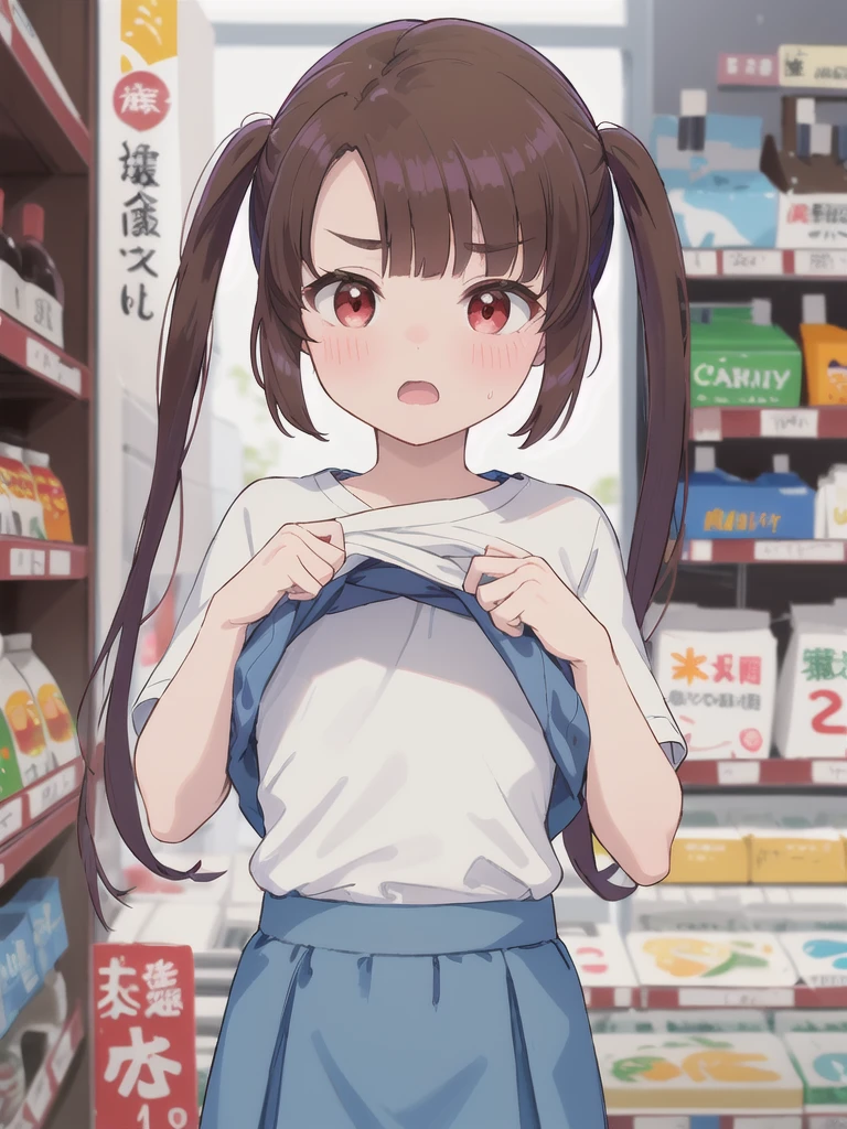 Highest quality,masterpiece,indoor,supermarket,Highest quality, (masterpiece:1.2), Very detailed, (masterpiece), (illustration),Are standing, (face focus),((upper body)), 1 Girl, Red eyes, Shine目,Long twin tails, brown hair, bangs, Shine, eyebrows visible through hair,((Plain white T-shirt)),((Plain blue skirt)), Flat Chest,shy, blush, (looking at viewer), Open your mouth,((shirt lift)),