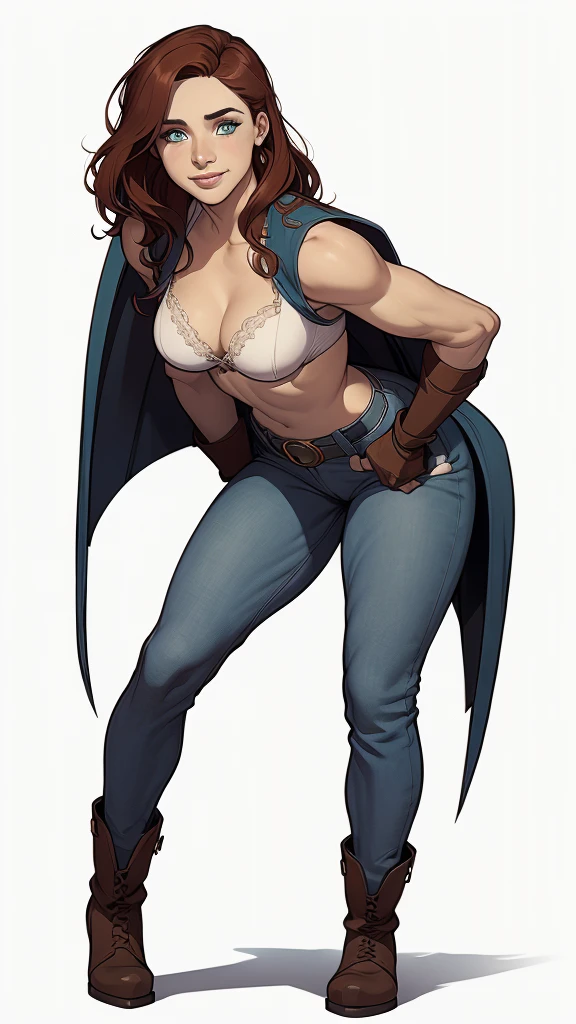 (cartoon style:1.2), Drawings of (Ginevra Molly Weasley), he used to smile, perfect green eyes, face detailed, White background, fun pose, seducing gaze,Full body wearing the Sanserina uniform, beautiful medium breasts and wonderful body cartoon style digital illustration. Wearing pantiesJennifer Connelly , , white bra, green vest, sleeveless, へそ, blue jeans, Brown boots, gloves fingerless, short gloves, slightly-smile, shorth hair, wavy hair, parted bangs, blue colored eyes, wart under the right eye, old american west, sunny desert background, waist belt, best qualityer, Obra de arte Jennifer Connelly