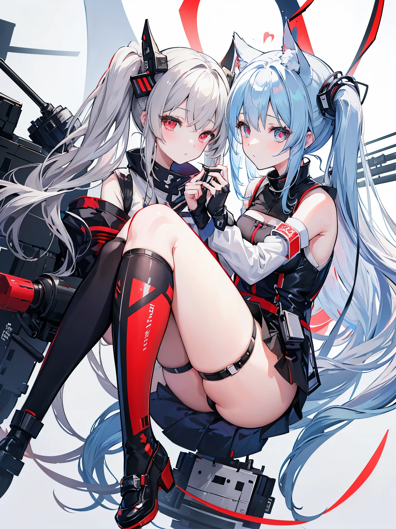 Twin tails Anime-style image of two girls with long hair and hoodies, Gray Hair、Red eyes、blue eyes、Kantai Collection Style, Best anime 4k konachan wallpaper, Girls Frontline Style, Anime Style 4k, Twin tails, From Arknights, From Girls Frontline, Twin tails white_gloves, Two beautiful anime girls, guweiz on pixiv artstation, azur lane style, Official artwork