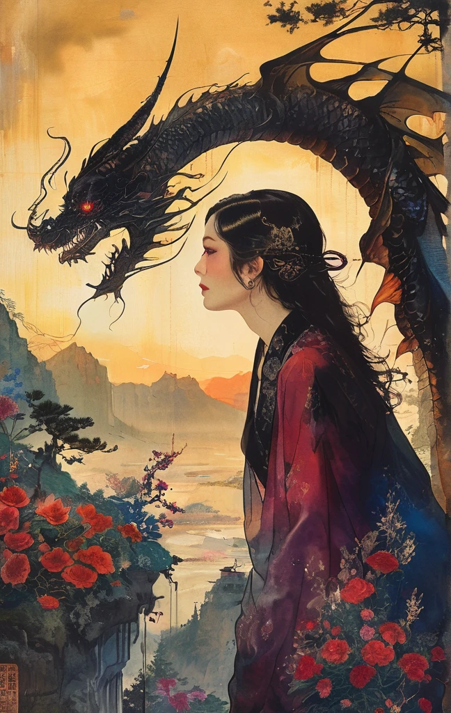 A white dragon lies in the middle of an endless field full of purple flowers, surrounded by snow-capped mountains and a blue sky sparkling with golden sunset rays. The whole scene is filled with a dreamy atmosphere, with vibrant colors and detailed background elements rendered in high resolution and detailed in a top quality illustration style. (Highest quality,4K,8K,High resolution,masterpiece:1.2),Super detailed,(Realistic,photoRealistic,photo-Realistic:1.37),Hot thick succubus mom with long black hair, deep black lips, She wears a revealing black leather outfit with BDSM themes.. Her outfit consists of a seductive bustier, accentuate her voluptuous figure. Her skin is a captivating shade of fiery red, Exudes a devilish charm. A pair of majestic demon wings gracefully grow from her back., Intricately detailed and intricately painted patterns. On her head, She has enchanted tiefling horns, Embodying her other-dimensional existence. The artwork should capture her captivating aura., Showing her confidence and strength. The lighting in the scene should accentuate the seductive curves of her body., Project dramatic shadows and highlights. The color palette should evoke a sense of darkness and desire., Rich black contrast, red, deep chestnut color.