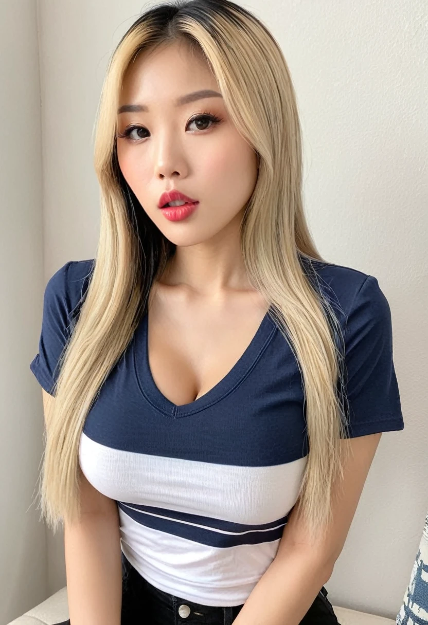 Woman, Asian American, very attractive, big lips, blonde highlights, straight hair, big tits, fully clothed, tight tee,
