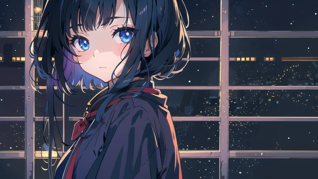 Create an illustration of a girl with black hair and blue eyes, sitting in a chair in front of a desk, Has a sentimental, introspective look。, The moonlight gently shines into the room, Gently illuminate the space, Curtains sway in the wind, Increase tranquility, Gloomy mood, Emphasise the theme of loneliness, silence, And the depths of night, The room is dark、Dimly lit by moonlight