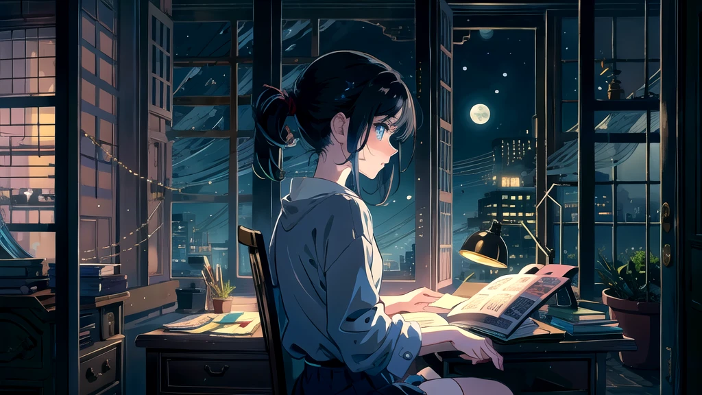 Create an illustration of a girl with black hair and blue eyes, sitting in a chair in front of a desk, Has a sentimental, introspective look。, The moonlight gently shines into the room, Gently illuminate the space, Curtains sway in the wind, Increase tranquility, Gloomy mood, Emphasise the theme of loneliness, silence, And the depths of night, The room is dark、Dimly lit by moonlight