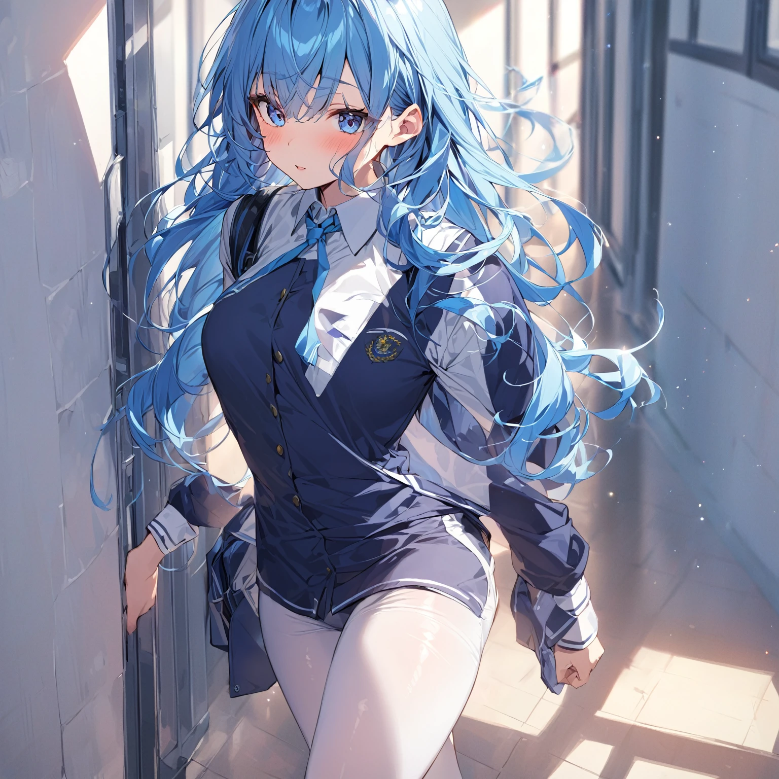 Girl in a school hallway, long blue hair, tight shirt, cosplay de uniforme