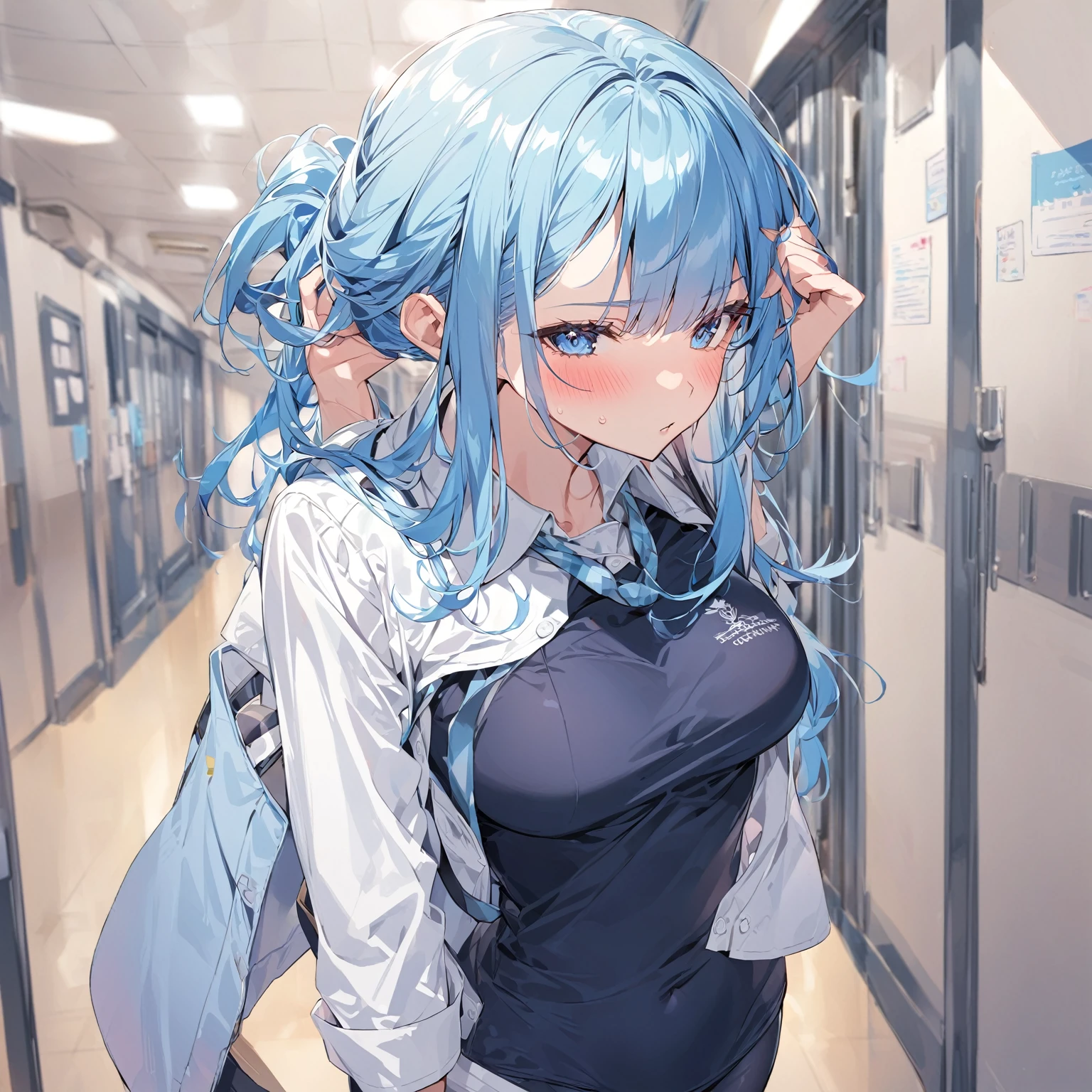 Girl in a school hallway, long blue hair, tight shirt, cosplay de uniforme