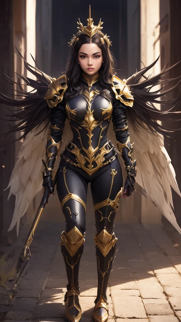 A woman adorned in fantasy-style full-body armor, a crown-concept fully enclosed helmet that unveils only her eyes, a composite layered chest plate, fully encompassing shoulder and hand guards, a lightweight waist armor, form-fitting shin guards, the overall design is heavy-duty yet flexible, (the armor gleams with a golden glow, complemented by red and blue accents), exhibiting a noble aura, she floats above a fantasy-surreal high-tech city, this character embodies a finely crafted fantasy-surreal style armored hero in anime style, exquisite and mature manga art style, (mixture of Queen bee and Spider concept Armor, plasma), ((Element, elegant, goddess, femminine:1.5)), metallic, high definition, best quality, highres, ultra-detailed, ultra-fine painting, extremely delicate, professional, anatomically correct, symmetrical face, extremely detailed eyes and face, high quality eyes, creativity, RAW photo, UHD, 32k, Natural light, cinematic lighting, masterpiece-anatomy-perfect, masterpiece:1.5