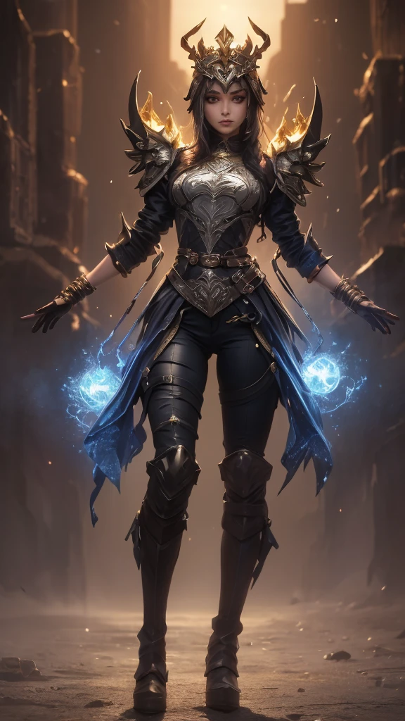 A woman adorned in fantasy-style full-body armor, a crown-concept fully enclosed helmet that unveils only her eyes, a composite layered chest plate, fully encompassing shoulder and hand guards, a lightweight waist armor, form-fitting shin guards, the overall design is heavy-duty yet flexible, (the armor gleams with a golden glow, complemented by red and blue accents), exhibiting a noble aura, she floats above a fantasy-surreal high-tech city, this character embodies a finely crafted fantasy-surreal style armored hero in anime style, exquisite and mature manga art style, (mixture of Queen bee and Spider concept Armor, plasma), ((Element, elegant, goddess, femminine:1.5)), metallic, high definition, best quality, highres, ultra-detailed, ultra-fine painting, extremely delicate, professional, anatomically correct, symmetrical face, extremely detailed eyes and face, high quality eyes, creativity, RAW photo, UHD, 32k, Natural light, cinematic lighting, masterpiece-anatomy-perfect, masterpiece:1.5