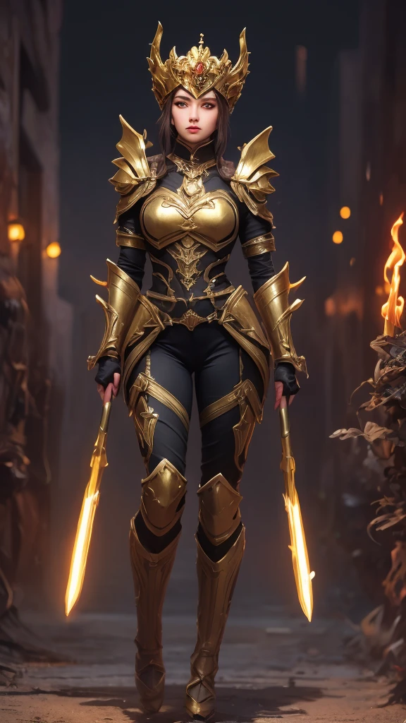 A woman adorned in fantasy-style full-body armor, a crown-concept fully enclosed helmet that unveils only her eyes, a composite layered chest plate, fully encompassing shoulder and hand guards, a lightweight waist armor, form-fitting shin guards, the overall design is heavy-duty yet flexible, (the armor gleams with a golden glow, complemented by red and blue accents), exhibiting a noble aura, she floats above a fantasy-surreal high-tech city, this character embodies a finely crafted fantasy-surreal style armored hero in anime style, exquisite and mature manga art style, (mixture of Queen bee and Spider concept Armor, plasma), ((Element, elegant, goddess, femminine:1.5)), metallic, high definition, best quality, highres, ultra-detailed, ultra-fine painting, extremely delicate, professional, anatomically correct, symmetrical face, extremely detailed eyes and face, high quality eyes, creativity, RAW photo, UHD, 32k, Natural light, cinematic lighting, masterpiece-anatomy-perfect, masterpiece:1.5