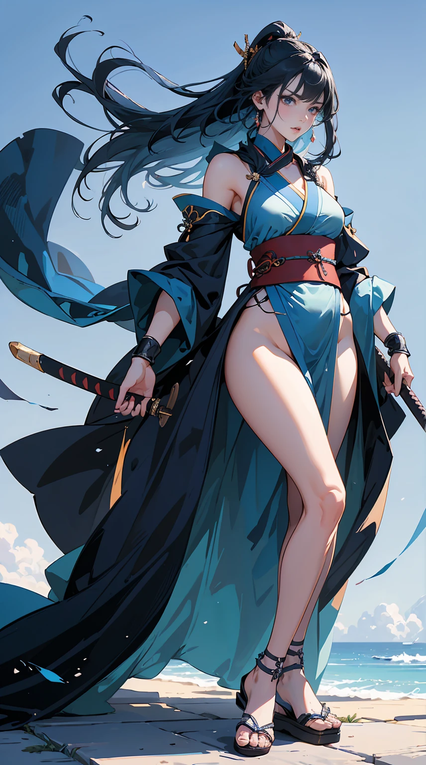 Highest quality、masterpiece、8K、Realistic、超High resolution、Very delicate and beautiful、High resolution、Fantasy、Muscle Girl、Perfect female body、Neutral women、Blue Hair、Toned body、Cape、kimono、Wild Pose、Full body emphasis、Simple Background、Angry、samurai、Iai