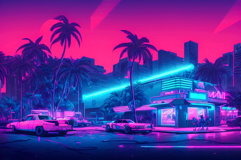 a dilapidated abandoned house, miami vice city, chimney with smoke, smoke forming letters 92TRAP, palm trees, neon, (best quality,4k,8k,highres,masterpiece:1.2),ultra-detailed,(realistic,photorealistic,photo-realistic:1.37),intricate details, vibrant colors, dramatic lighting, cinematic composition, moody atmosphere, retrofuturistic aesthetic, synthwave style