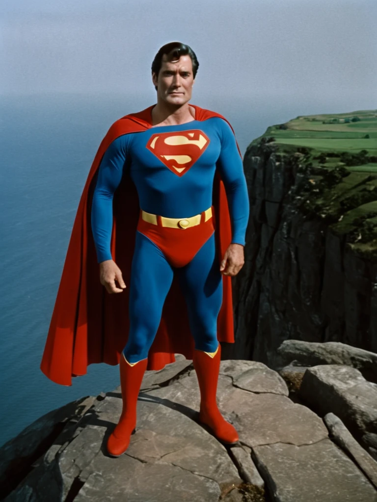 1970s, cold, cloudy sky, 70-year-old Superman, very broad shoulders, very protruding chest, very thick neck, arms and thighs that have gained fat, no abs, dull colored Superman costume, Superman mark spread out to the sides, bulging crotch, cape fluttering in strong wind, standing on a cliff