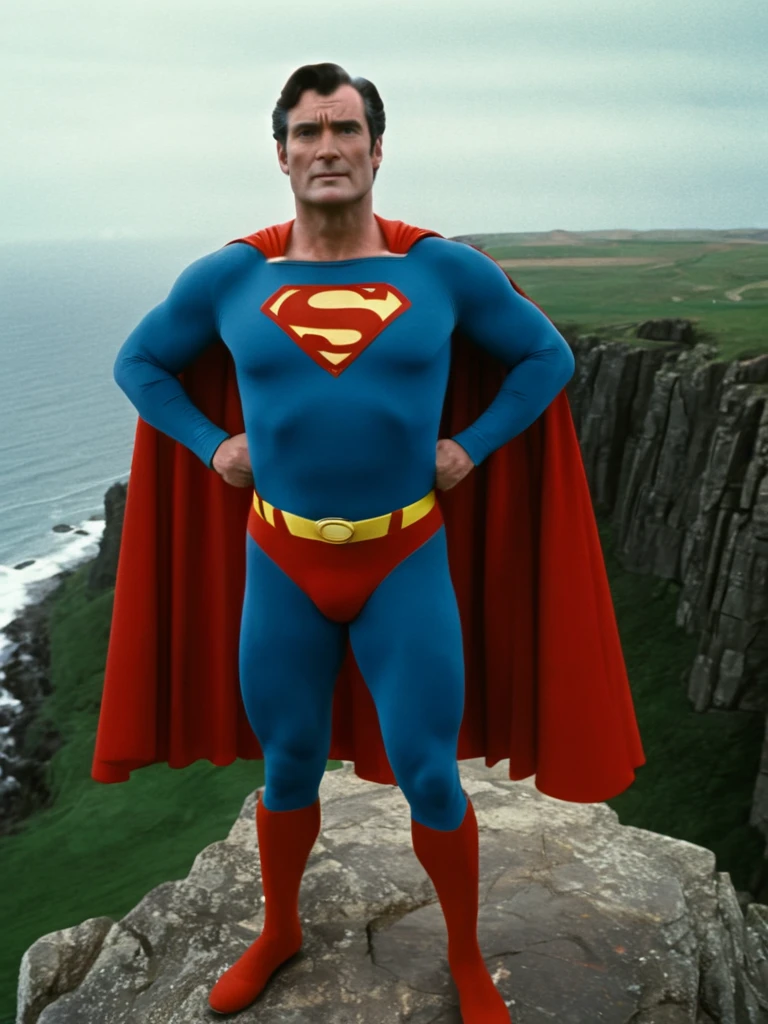 1970s, cold, cloudy sky, 70-year-old Superman, very broad shoulders, very protruding chest, very thick neck, arms and thighs that have gained fat, no abs, dull colored Superman costume, Superman mark spread out to the sides, bulging crotch, cape fluttering in strong wind, standing on a cliff