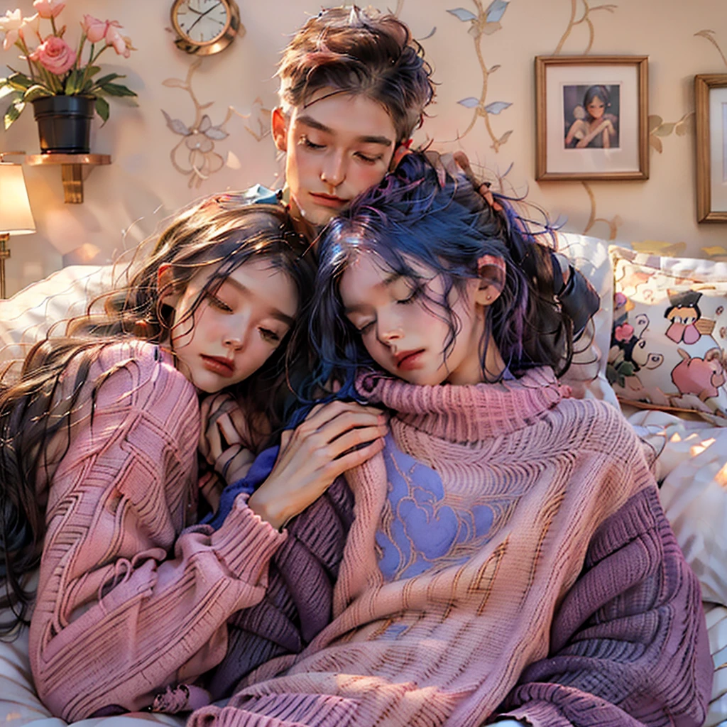 A cozy big bed，A blue-haired man and a pink-haired woman sleep together face to face。Fine style illustration，The light and shadow are warm and the atmosphere is sweet，Modern City，Scene Indoor，Light tones, blue and violet, Dreamlike scene, Warm and bright colors