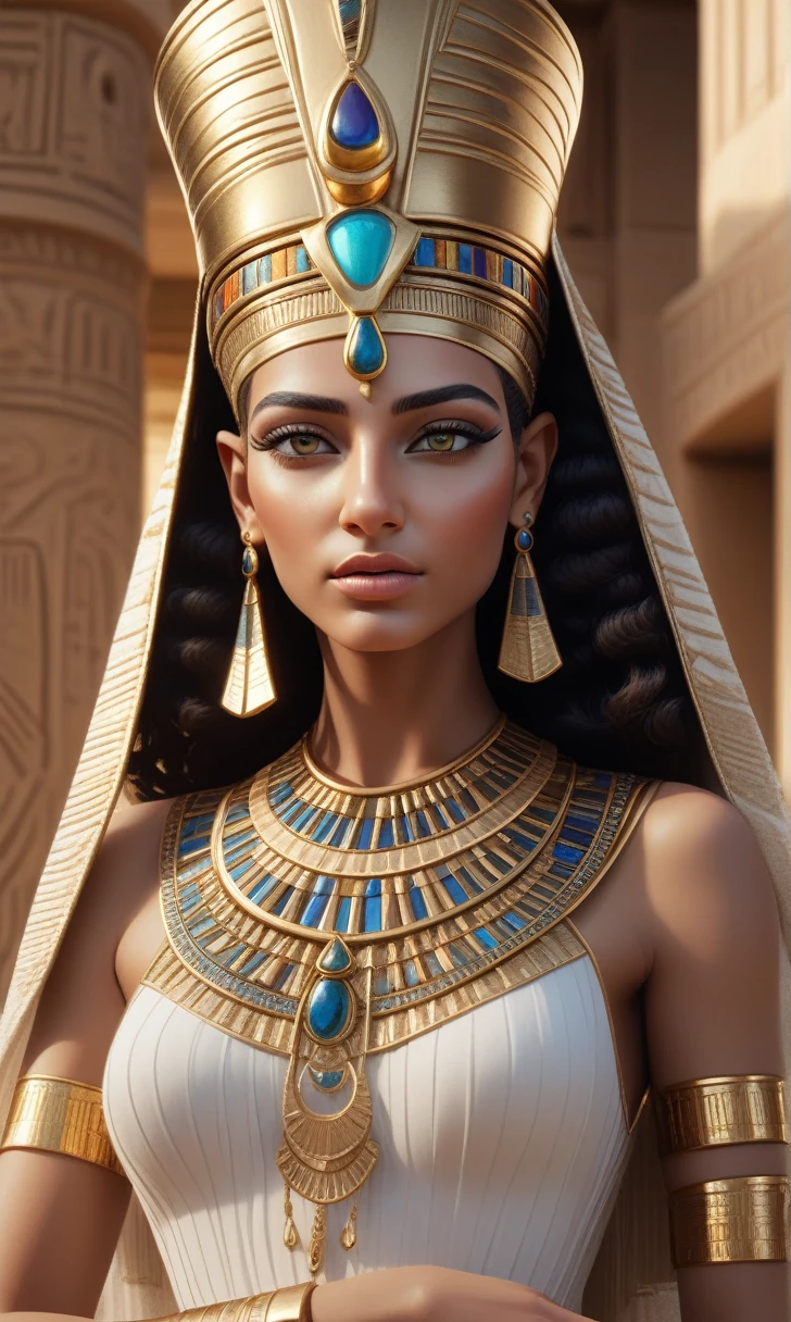 a beautiful egyptian queen, 1girl, intricate detailed golden crown, detailed elaborate jewelry, flowing elegant dress, regal pose, piercing eyes, detailed delicate face, porcelain skin, (best quality,4k,8k,highres,masterpiece:1.2),ultra-detailed,(realistic,photorealistic,photo-realistic:1.37),vibrant colors,dramatic lighting,cinematic composition,concept art