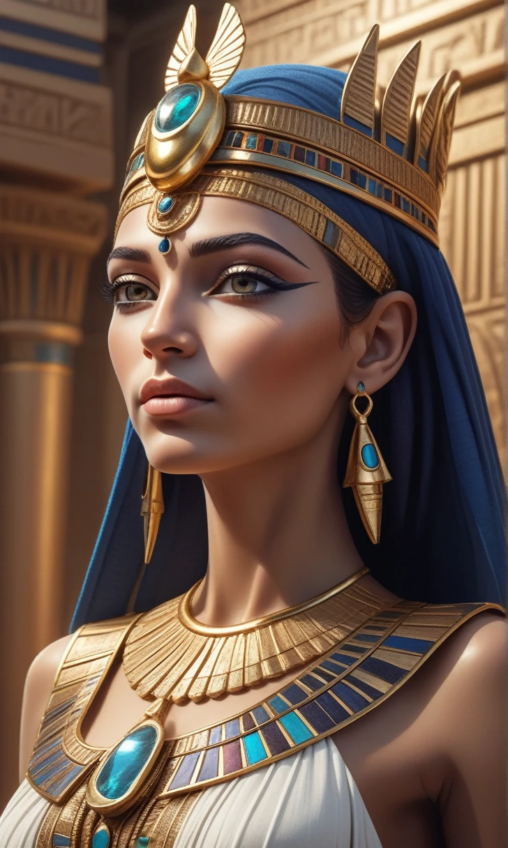 a beautiful egyptian queen, 1girl, intricate detailed golden crown, detailed elaborate jewelry, flowing elegant dress, regal pose, piercing eyes, detailed delicate face, porcelain skin, (best quality,4k,8k,highres,masterpiece:1.2),ultra-detailed,(realistic,photorealistic,photo-realistic:1.37),vibrant colors,dramatic lighting,cinematic composition,concept art