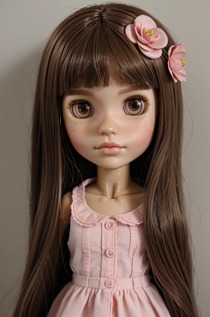 Blythe doll with straight light brown hair no bangs with pink flower in hair and right side part with light brown eyes and scar on cheek