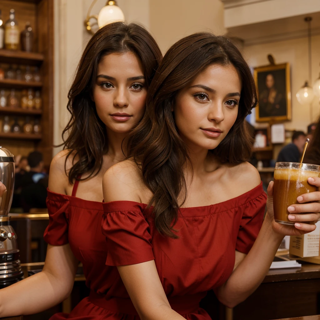 Beautiful latina woman, 26 years old, brown hair, blue eyes, in a parisian cofe shop, weearing a red dress, 4 k resolution